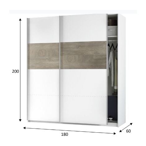 Armario blanco mate y roble con 2 puertas correderas 180 x 200 H cm - Verbania