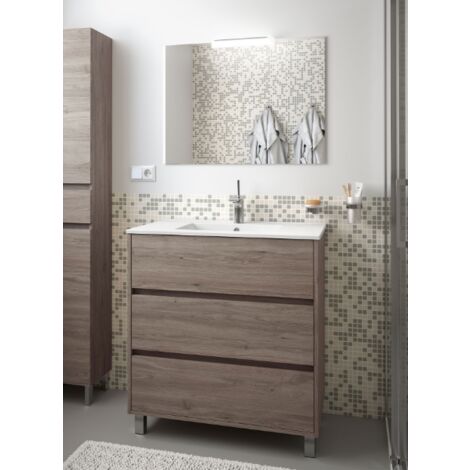 Mueble de baño de pie 80 cm roble con espejo y lavabo color - Con