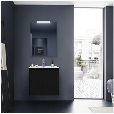 Mueble de baño suspendido de 60 cm en madera negro satinado con lavabo incorporado - Nova - Con espejo y lámpara LED (1/5)