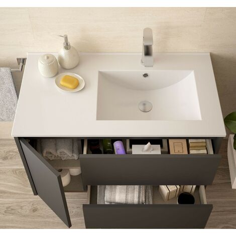 Mueble de baño de 60 cm en madera gris mate con lavabo de porcelana -  Caesaroo