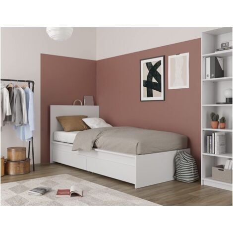 Estructura de cama individual 214x107 cm blanco mate con dos cajones - Pafo