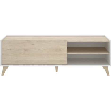 Mueble TV 155x43x47 cm blanco mate y roble natural con solapa y dos compartimentos - Ronda (1/5)