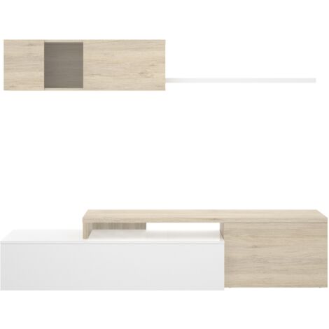 Mueble TV 201 cm en blanco brillo y roble natural - Lincoln (1/5)