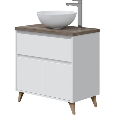 Mueble de baño de pie 80 cm 2 puertas y 1 cajón blanco brillo y olmo con lavabo sobre encimera – Viborg - Blanco brillo 80 cm Con espejo y lámpara LED - Accessorio: Con specchio e lampada LED - Misura