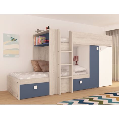 Litera 285x148,2 cm con armario azul fumé, roble y blanco mate - Albenga