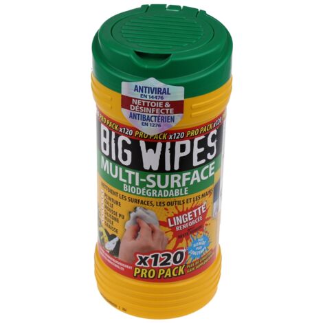 Lingettes multi-surfaces tube de 120 – Ultra absorbantes et biodégradables – Protection antibactérienne 99,9% – Pour nettoyage outils et surfaces – Big Wipes