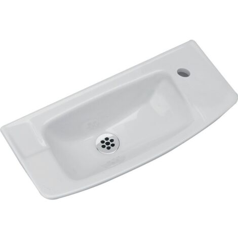 Porcher – Lave-mains à poser 50 x 23,5 cm – Porcelaine vitrifiée blanche – Fixation murale – 1 trou à droite (1/5)