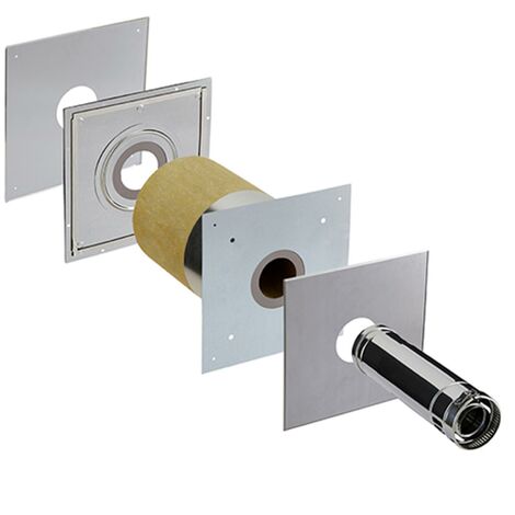 Poujoulat – Kit complet de fumisterie pour terminal horizontal – Coquille isolante en laine de roche 450mm – 2 plaques étanchéité inox – 1m longueur