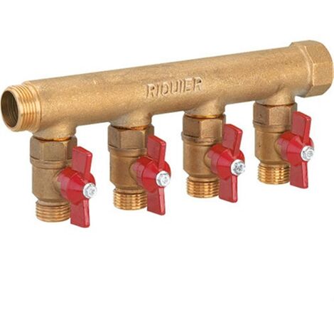Sanitaire-Distribution – Collecteur 4 sorties M 1/2'' – Raccord MF 3/4'' – Entraxe 50 mm – Laiton – Pression max 10 bars pour circuits sanitaires et chauffage