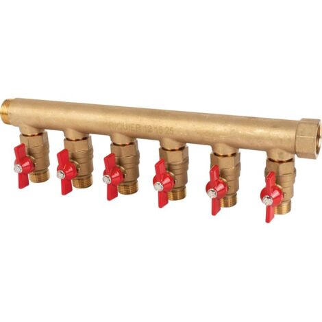 Sanitaire-Distribution – Collecteur 6 sorties MF 3/4'' avec vanne M 1/2'' – Laiton – Pression max 10 bars – Pour circuits sanitaires et chauffage