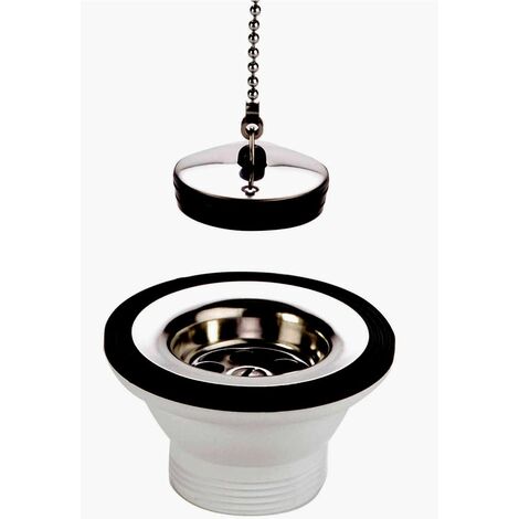 Blanc Habitat – Bonde de lavabo sans trop plein 50 mm – Plateau inox avec chaînette perlée 28 cm – Installation à visser pour évier inox