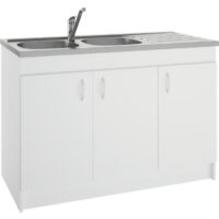 Meuble sous évier 3 portes blanc mélaminé 120cm – Charnières invisibles 95° – Vérins métalliques pour mise à niveau – Facilité d'installation