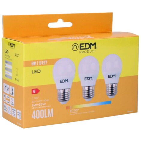 Kit di 3 lampadine LED E27 da 5W 400lm, bianco caldo EDM - 3200K - 98201