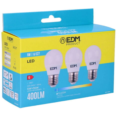 Kit di 3 lampadine LED E27 5W 400lm, bianco freddo EDM - 6400K - Rif. 98203