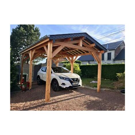 Abri Deux Pentes, 350cmx1250cm, Bois DOUGLAS Français, Carport, Auvent, Abri voiture