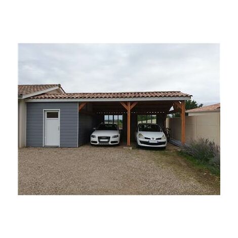 Abri Deux Pentes Faitage Décalé Adossé, 500cmx650cm, Bois DOUGLAS Français, Carport, Auvent, Abri voiture