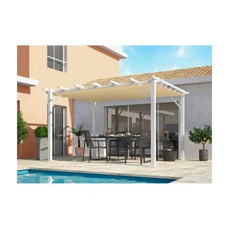 Pergola aluminium structure blanche 12 m² toile d'ombrage écru 140 gr/m²