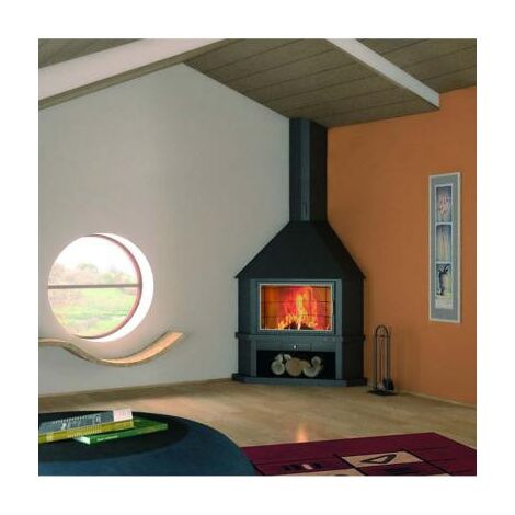Cheminée à bois noire en métal – Foyer réfractaire 19 kW – Rendement 73% – Dimensions H2700 x L960 x P570 mm – Pour bûches jusqu'à 75 cm – Focgrup