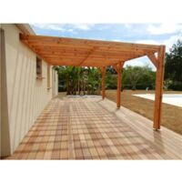 Cpbf – Pergola adossée 600x400cm en bois douglas français – Toit plat 2% – Kit avec fermes et poteaux 14x14cm – Fabrication traditionnelle française