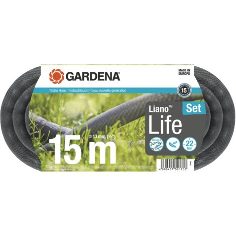 GARDENA Kit tuyau Liano™Life 15m. Kit complet. Tuyau d'arrosage léger. 13 mm. Pression de rupture 22 bar. Tuyau textile. (18445-20)