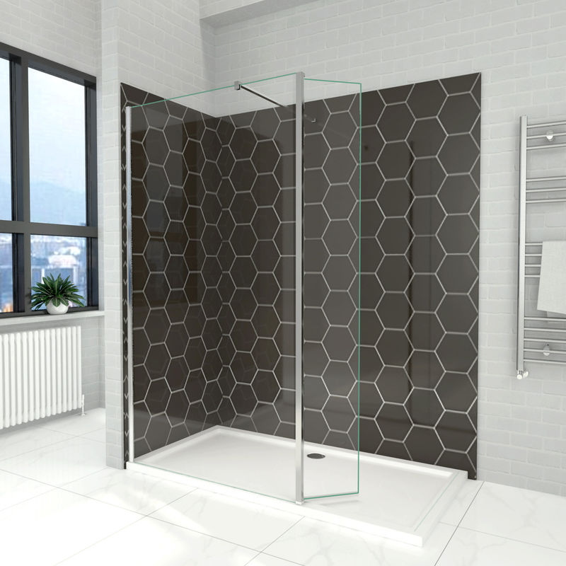 Elegant 900mm Walk in Shower Screen 6mm Tougheded Safety Wet Room with 300mm Flipper Panel,1600x800mm Stone Tray Included 