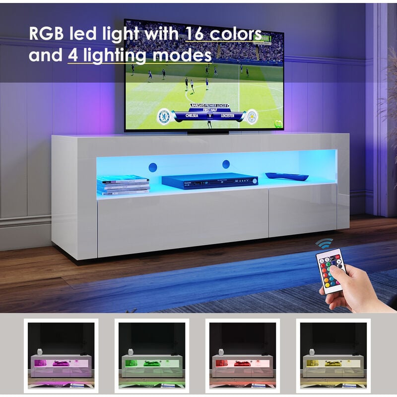ELEGANT 1200mm Modern High gloss White TV Stand Cabinet with Ambient Light for 22-47 Flat Screen 4k TVs LED Light TV Cabinet with Shelves and Drawers for Living Room Bedroom Furniture