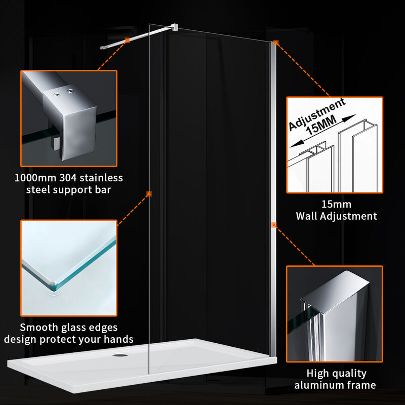 Perfect Sanitary 1000x1900mm Walk In Wet Room Shower Enclosure Easyclean Glass Screen