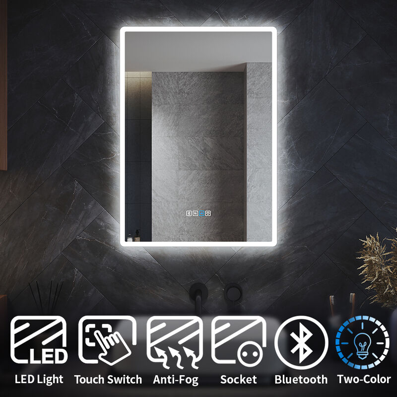 Qiyang Specchio da bagno a LED, 600 x 700 mm, doppia porta con presa da rasatura, sensore touch, interruttore Demister Pad, dimmerabile, in acciaio inox