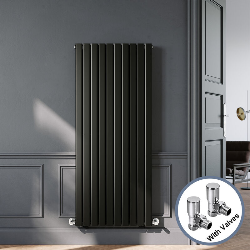 ELEGANT Designer Black Vertical Radiator 1600 x 680mm Double Panel Flat  Panel Rads with Chrome Angled Radiator Valves