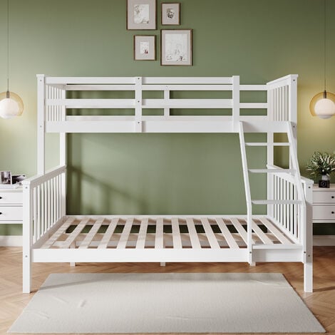ELEGANT Bunk Bed Pine Wood for Triple Sleeper, White Bed Frame, Single & Double Wooden bed 145 x 200 x 155CM