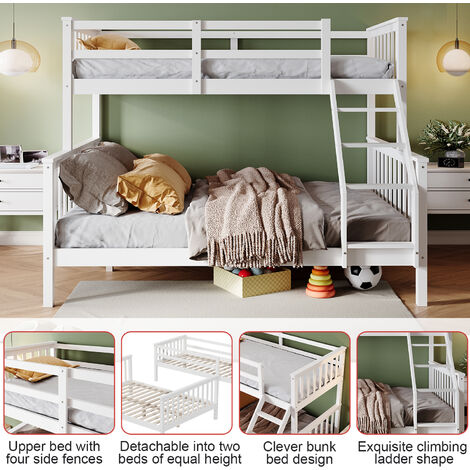 ELEGANT Bunk Bed Pine Wood for Triple Sleeper, White Bed Frame, Single & Double Wooden bed 145 x 200 x 155CM