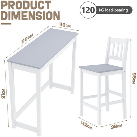 ELEGANT Dining Bar Set - 1 Table and 2 Chairs Solid Wooden Bar Table Set for Dining Room 1170 x 590 x 195mm, Grey/White Natural Pine