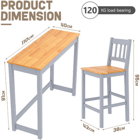 ELEGANT Dining Bar Set-1 Table and 2 Chairs Solid Wooden Bar Table Set for Dining Room 1170 x 590 x 195mm, Honey/Grey Natural Pine