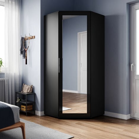 ELEGANT Corner Mirrored Wardrobe Modern Black High Gloss furniture with 2 Hanging Rails and 4 Storage Shelves, Bedroom Closet Storage, Space Saving Design