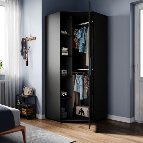 ELEGANT Corner Mirrored Wardrobe Modern Black High Gloss furniture with 2 Hanging Rails and 4 Storage Shelves, Bedroom Closet Storage, Space Saving Design
