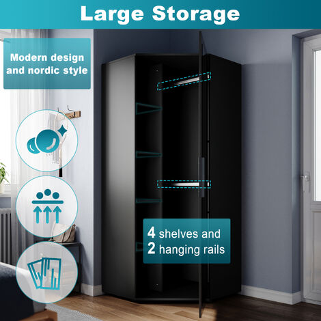 ELEGANT Corner Mirrored Wardrobe Modern Black High Gloss furniture with 2 Hanging Rails and 4 Storage Shelves, Bedroom Closet Storage, Space Saving Design