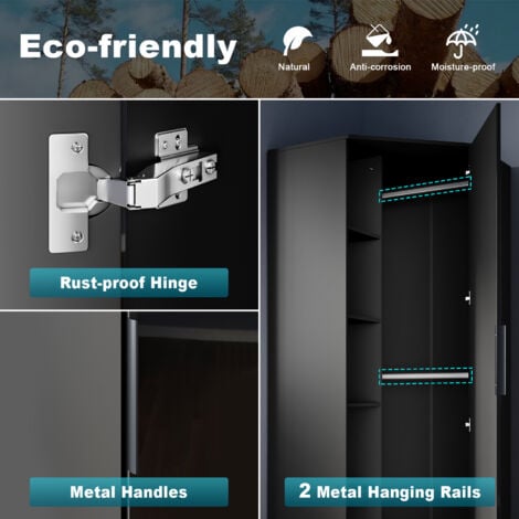ELEGANT Corner Mirrored Wardrobe Modern Black High Gloss furniture with 2 Hanging Rails and 4 Storage Shelves, Bedroom Closet Storage, Space Saving Design