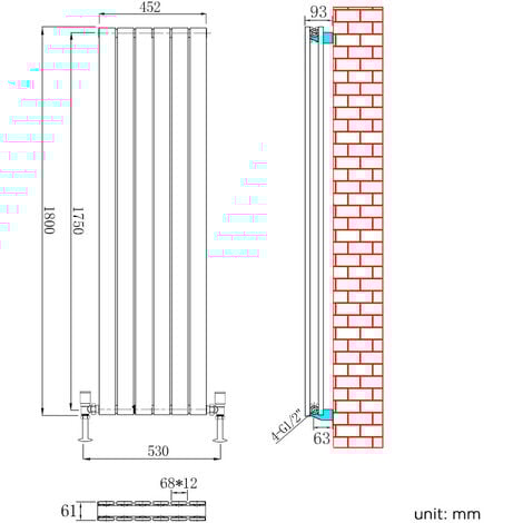 1800 x 452mm Anthracite Vertical Radiator Designer Double Flat Column Radiators Bathroom Flat Panel