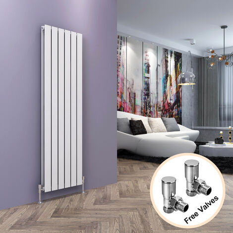 ELEGANT White Vertical Radiator Double Flat Panel 1600 x 452 mm Designer Vertical Radiators with Angled Radiator Valves