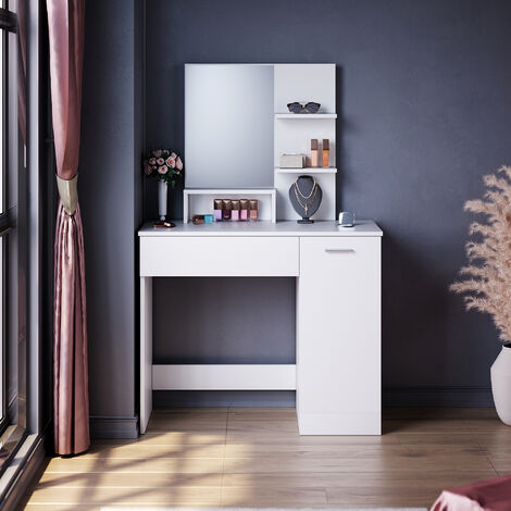 ELEGANT White Dressing Table with Mirror, Makeup Table with Drawer & 4 Shelves, Large Storage Vanity Table for Women Girls Bedroom