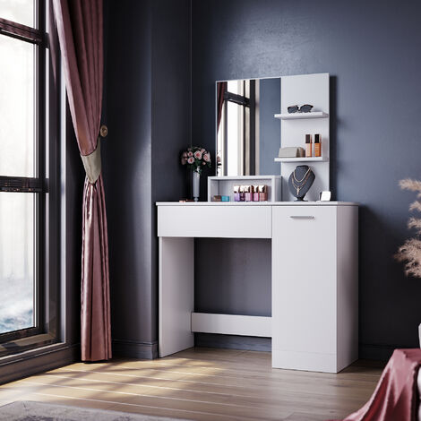 ELEGANT White Dressing Table with Mirror, Makeup Table with Drawer & 4 Shelves, Large Storage Vanity Table for Women Girls Bedroom