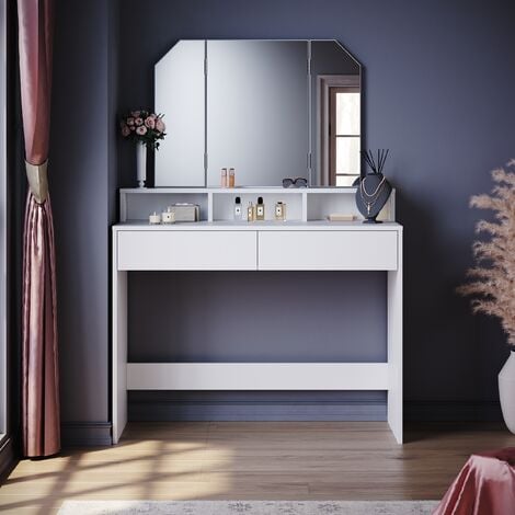 ELEGANT Dressing Table, Large Tri-Fold Mirror(180°) Makeup Table with 2 Drawers and 3 Open Compartments, White Vanity Table for Women Girls Bedroom