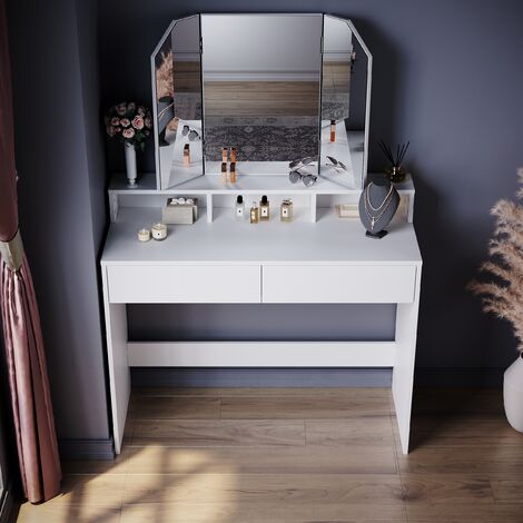 ELEGANT Dressing Table, Large Tri-Fold Mirror(180°) Makeup Table with 2 Drawers and 3 Open Compartments, White Vanity Table for Women Girls Bedroom