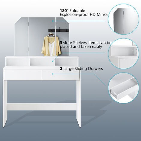 ELEGANT Dressing Table, Large Tri-Fold Mirror(180°) Makeup Table with 2 Drawers and 3 Open Compartments, White Vanity Table for Women Girls Bedroom