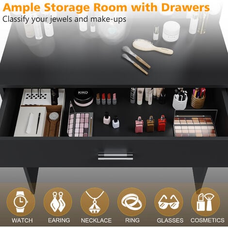 ELEGANT Hollywood Vanity Mirror Black Dressing Table with Adjustable 3 Color LED Lights, Girls Makeup Desk with 1 Large Storage Drawer, Bedroom Available