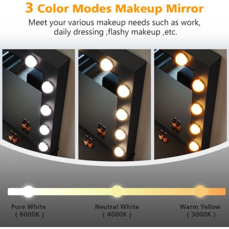 ELEGANT Hollywood Vanity Mirror Black Dressing Table with Adjustable 3 Color LED Lights, Girls Makeup Desk with 1 Large Storage Drawer, Bedroom Available