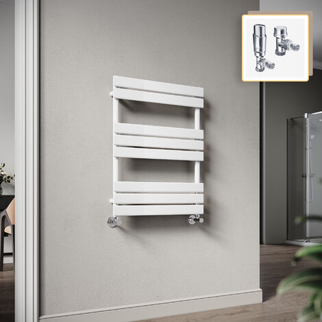 Elegant 800 x 600mm Heated Towel Rail White Radiator, Modern Flat Panel Designer Central Heating Towel Warmers + Chrome Thermostatic Radiator Valves