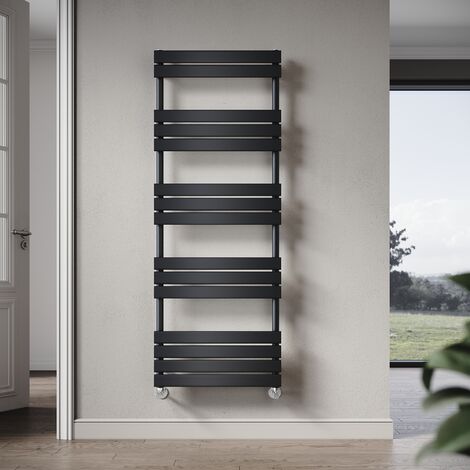 Elegant 1600 x 600mm Heated Towel Rail Black Modern Bathroom Radiator, Flat Panel Design ,Central Heating Towel Warmers, Exclude Valves
