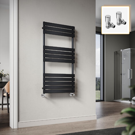 Elegant 1200 x 600mm Heated Towel Rail Black Radiator, Flat Panel Design Tower Hanger, Wall Mounted Ladder + Angled Radiator Valves (1/5)