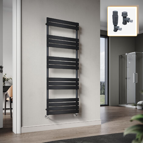 Elegant 1600 x 600mm Heated Towel Rail Black Flat Panel Design Tower Hanger, Modern Bathroom Radiator, Wall Mounted Ladder + Anthracite Thermostatic Radiator Valves